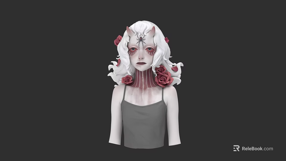 Fantasy Woman With White Curly Hair Horns Red Roses And Gray Tank Top 3d model 