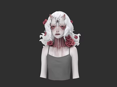 Fantasy Woman With White Curly Hair Horns Red Roses And Gray Tank Top 3d model