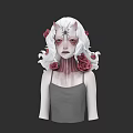 Fantasy Woman With White Curly Hair Horns Red Roses And Gray Tank Top
