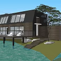 Modern Detached Villa With Wooden Exterior Large Windows Waterfront Deck Railing And Trees