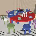 Colorful Kids Round Table and Chair Set with Multi colored Stools on Patterned Rug 3d model