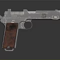 Silver Pistol With Red Textured Grip And Metallic Body Design Details
