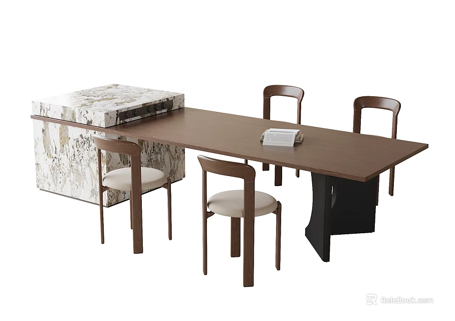 Modern Rectangular Wooden Dining Table With Black Legs And Four Beige Cushioned Chairs 3d model