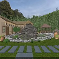 Traditional Ancient Architecture Courtyard with Pond Water Lilies Rockery and Stone Steps