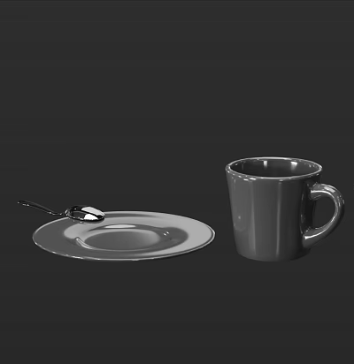 Gray Ceramic Mug with Matching Plate and Spoon on Dark Background 3d model