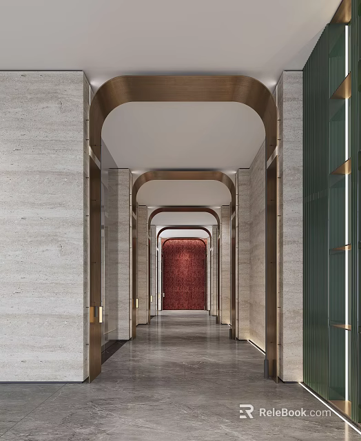 Modern Elevator Hallway With Marble Walls Arched Doorways And Red Accent Wall 3d model 