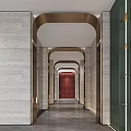 Modern Elevator Hallway With Marble Walls Arched Doorways And Red Accent Wall