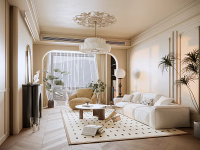 Elegant Living Room Interior Design With Arched Window White Curtains Chandelier Sofa And Rug 3d model