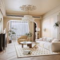 Elegant Living Room Interior Design With Arched Window White Curtains Chandelier Sofa And Rug