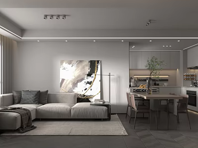 Modern Living and Dining Room With Gray Sofa Wall Art Dining Table And Open Kitchen 3d model