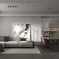 Modern Living and Dining Room With Gray Sofa Wall Art Dining Table And Open Kitchen