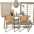 Wooden Dining Table Set with Chairs Green Plant Hanging Chandelier Shoji Screen and Blinds Modern Interior