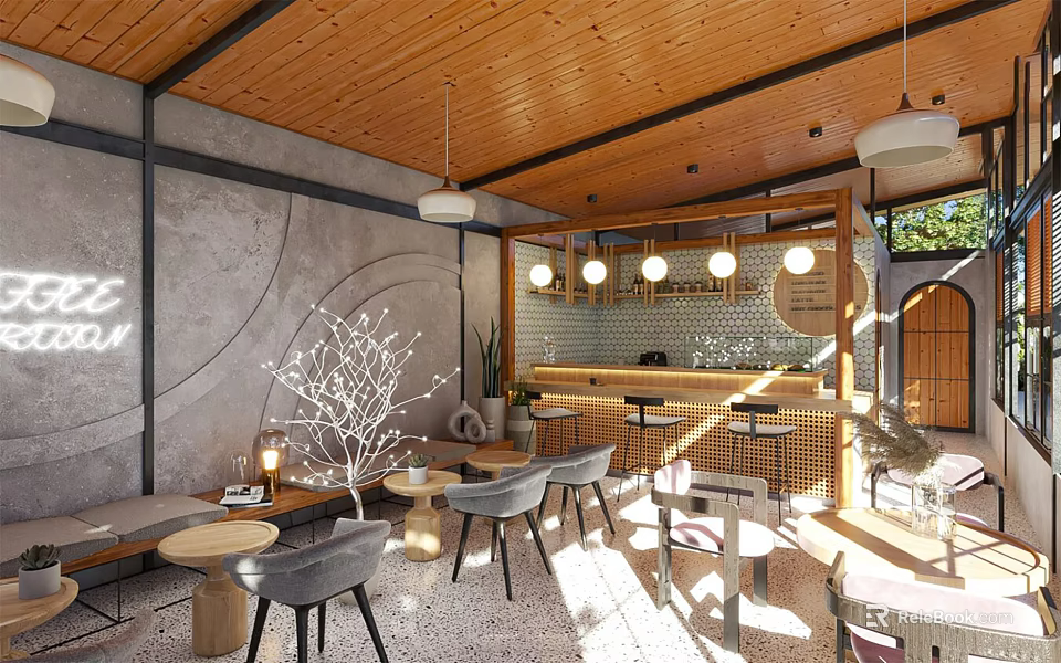 Café Interior With Wooden Ceiling Gray Walls Round Pendant Lights Bar Counter Tables Chairs Sunlight 3d model 