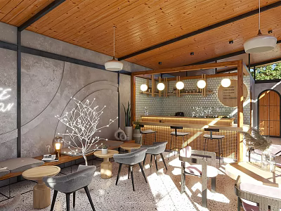 Café Interior With Wooden Ceiling Gray Walls Round Pendant Lights Bar Counter Tables Chairs Sunlight 3d model