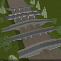 Five Various Designed Bridges Spanning Small River With Green Grass And Trees