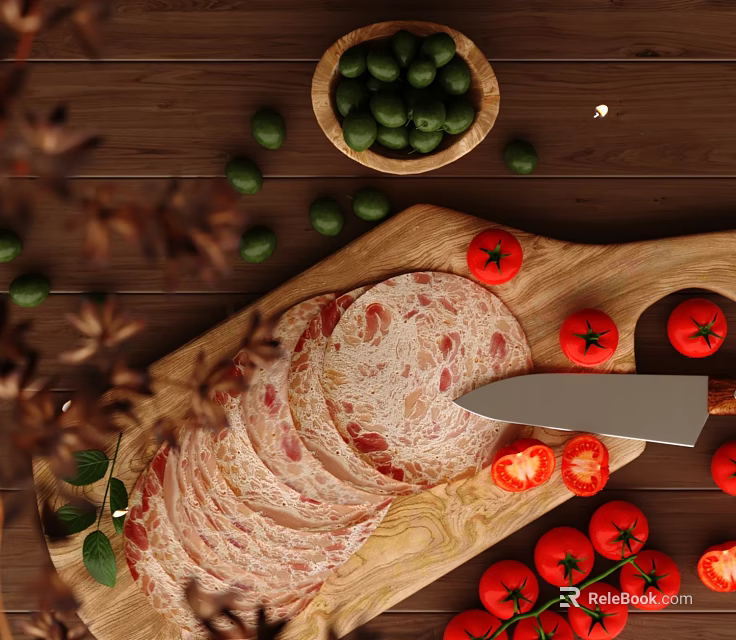 Fresh Sliced Meat On Wooden Cutting Board With Cherry Tomatoes Green Olives And Herbs 3d model 