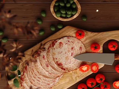 Fresh Sliced Meat On Wooden Cutting Board With Cherry Tomatoes Green Olives And Herbs 3d model