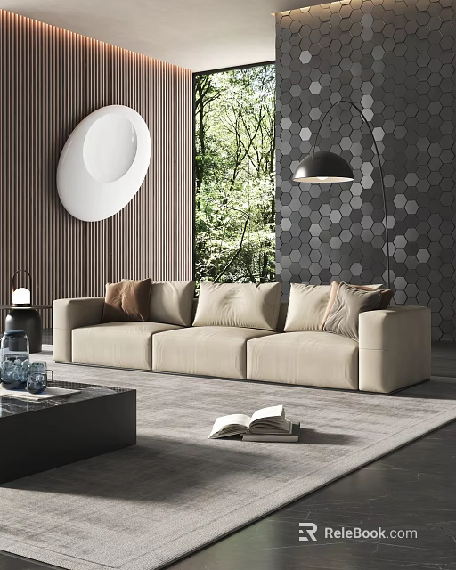 Modern Living Room Beige Three Seater Sofa with Soft Pillows Hexagonal Tile Walls and Pendant Light 3d model 