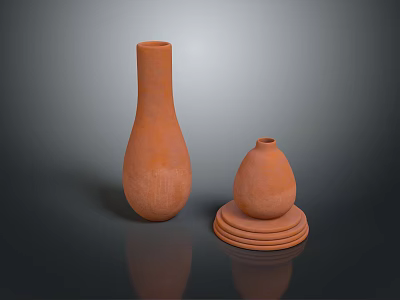 Terracotta Clay Vases In Two Sizes On Dark Background With Reflection 3d model