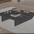 Modern Dark Wood Coffee Table With Books Decorative Bowl Glass Vase And Boxes On Rug