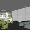 Modern Lounge Area Interior Design With Green Chairs White Tables And Gray Sofas 3d model