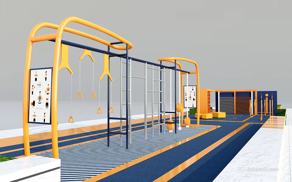 Outdoor Fitness Training Area With Modern Yellow Blue Equipment Pull Up Bars Rings Striped Floor 3d model 