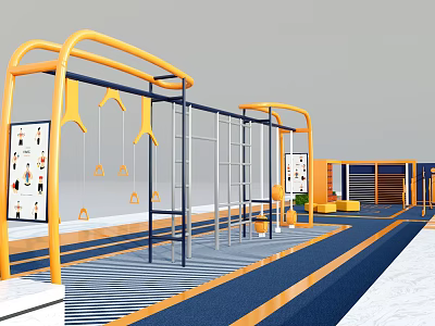 Outdoor Fitness Training Area With Modern Yellow Blue Equipment Pull Up Bars Rings Striped Floor 3d model