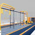 Outdoor Fitness Training Area With Modern Yellow Blue Equipment Pull Up Bars Rings Striped Floor