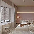 Cozy Modern Bedroom Interior With White Bed LED Lighting Nightstand Table Lamp Blinds And Rug