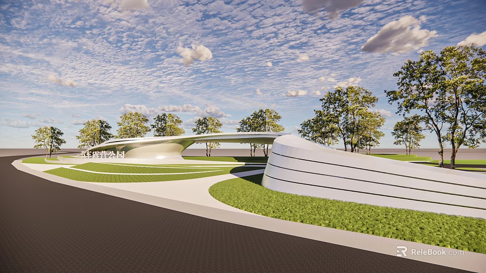 Modern Garden Landscape With Curved Pathway Green Lawn Trees And Architectural Structure 3d model 