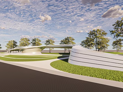Modern Garden Landscape With Curved Pathway Green Lawn Trees And Architectural Structure 3d model