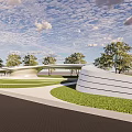 Modern Garden Landscape With Curved Pathway Green Lawn Trees And Architectural Structure