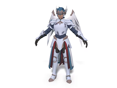 Fantasy Armored Man With White Armor Blue Red Details And Angelic Wings 3d model