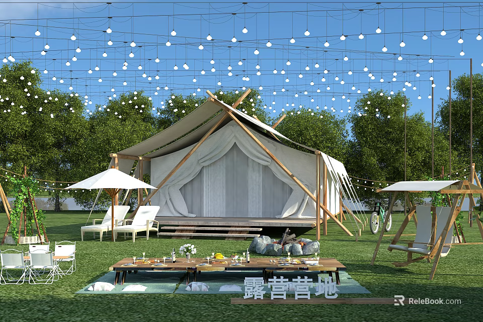 Scenic Glamping Camp Featuring Canvas Tent String Lights Green Lawn And Wooden Furniture 3d model 