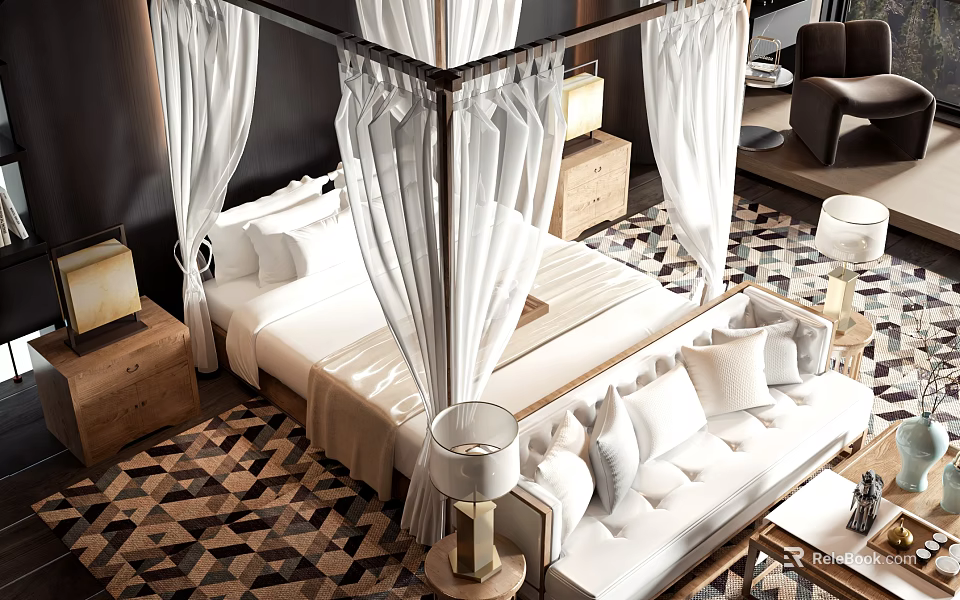 Luxurious Double Bed With White Canopy And Bedside Tables In Modern Bedroom Interior 3d model 