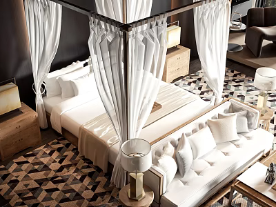 Luxurious Double Bed With White Canopy And Bedside Tables In Modern Bedroom Interior 3d model