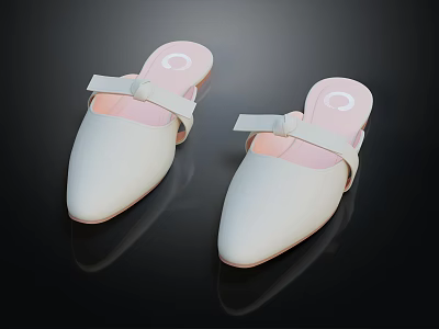 White Pointed Toe Mules With Pink Inner And Bow Detail 3d model