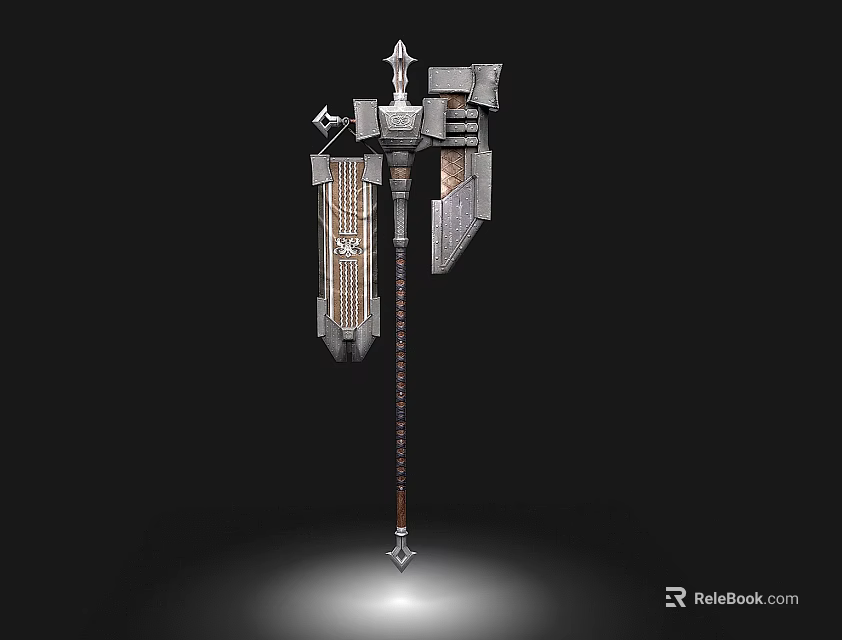 Fantasy Medieval Weapon With Ornate Metal Head And Long Decorative Handle 3d model 