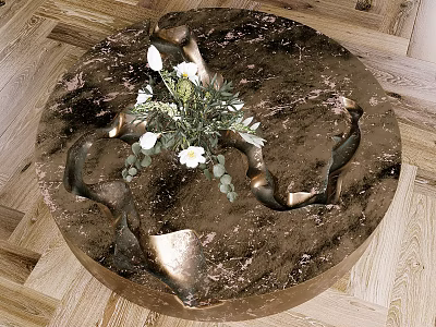 Round Metallic Coffee Table With Sculptural Indents And White Flower Arrangement On Wooden Floor 3d model