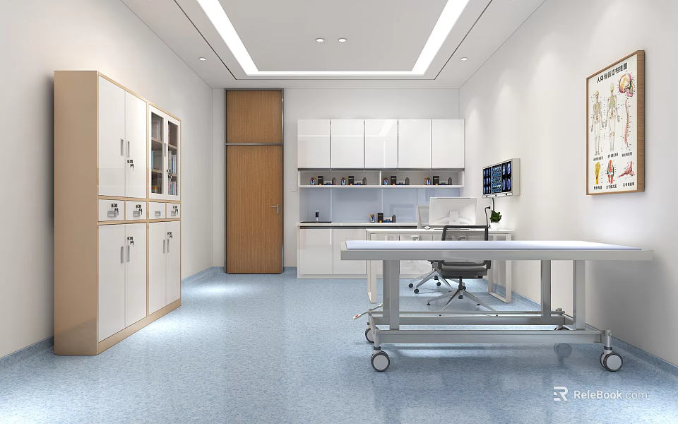 Modern Hospital Outpatient Clinic Interior With White Cabinets Worktable Medical Equipment And Human Anatomy Chart 3d model 