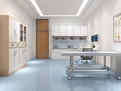 Modern Hospital Outpatient Clinic Interior With White Cabinets Worktable Medical Equipment And Human Anatomy Chart 3d model