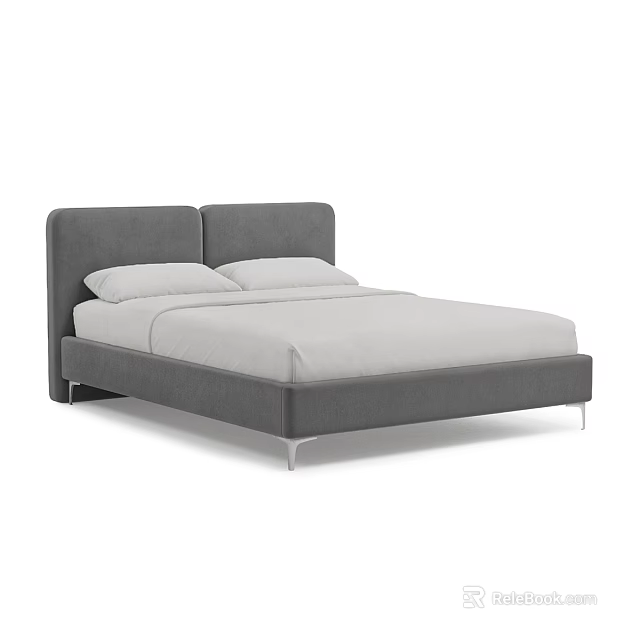 Modern Gray Upholstered Double Bed Frame With Twin Headboards And White Pillows 3d model 