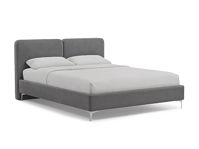Modern Gray Upholstered Double Bed Frame With Twin Headboards And White Pillows 3d model