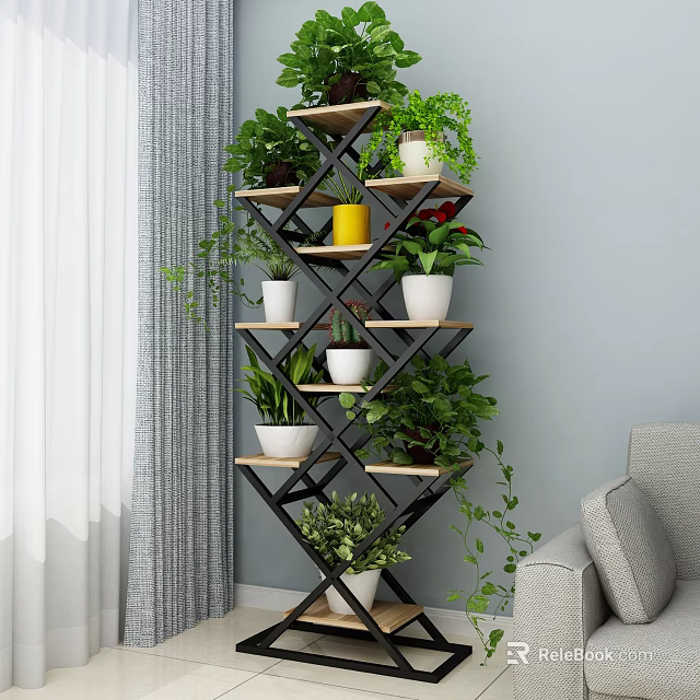 Geometric Multi Tiered Plant Stand with Potted Green Plants Yellow Planters Indoor Living Decor 3d model 