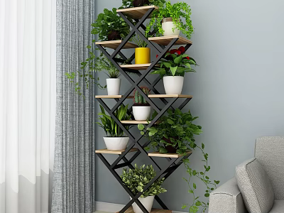 Geometric Multi Tiered Plant Stand with Potted Green Plants Yellow Planters Indoor Living Decor 3d model