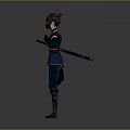 3D Ninja Character In Blue Red Outfit With Mask And Waist Weapon Arms Outstretched