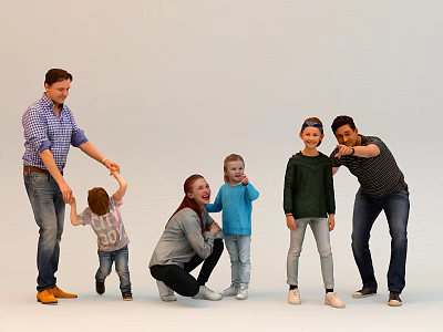 Group of People Including Adults and Children Interacting in White Background Setting 3d model