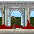 Photo Spot With White Columns Wrought Iron Arches Yellow Lanterns Harp And Red Bushes