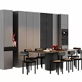 Modern Dining Table Set with Round Table Black Brown Chairs Gray Cabinets and Red Decor 3d model