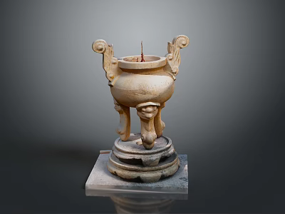 Ancient Stone Tripod Censer With Carved Double Handles Tripod Legs And Square Pedestal Base 3d model